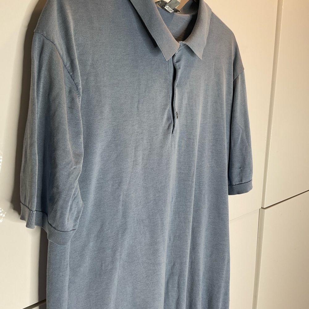 COS Men's baby blue silk cotton blend button neck Polo Shirt short sleeve